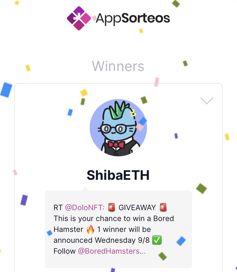 Congrats to <a href="/ShibaETH/">people call me shiba</a> on winning the <a href="/BoredHamsters/">BoredHamsters NFT</a> giveaway! Please shoot me a DM to claim! 🎉😎