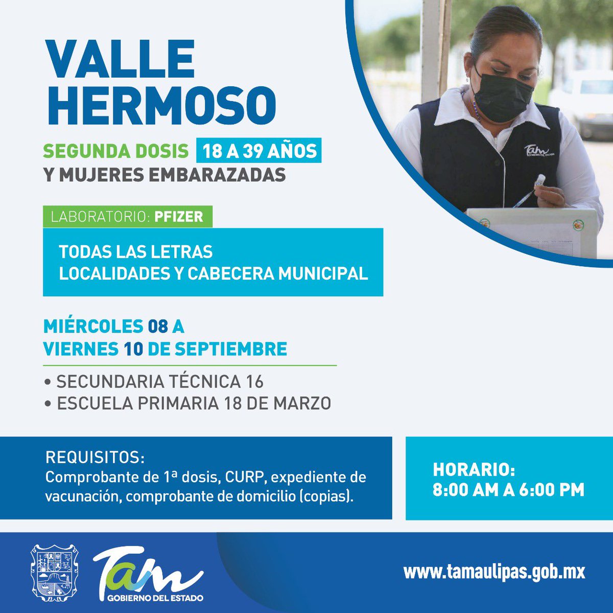 Jóvenes de #ElMante y #ValleHermoso, por su salud y la de los demás, es importante asistir a las sedes de vacunación para recibir su primera o segunda dosis de la vacuna. Se aplicará a personas de 18 a 39 años y mujeres embarazadas. No lo dejes para después.