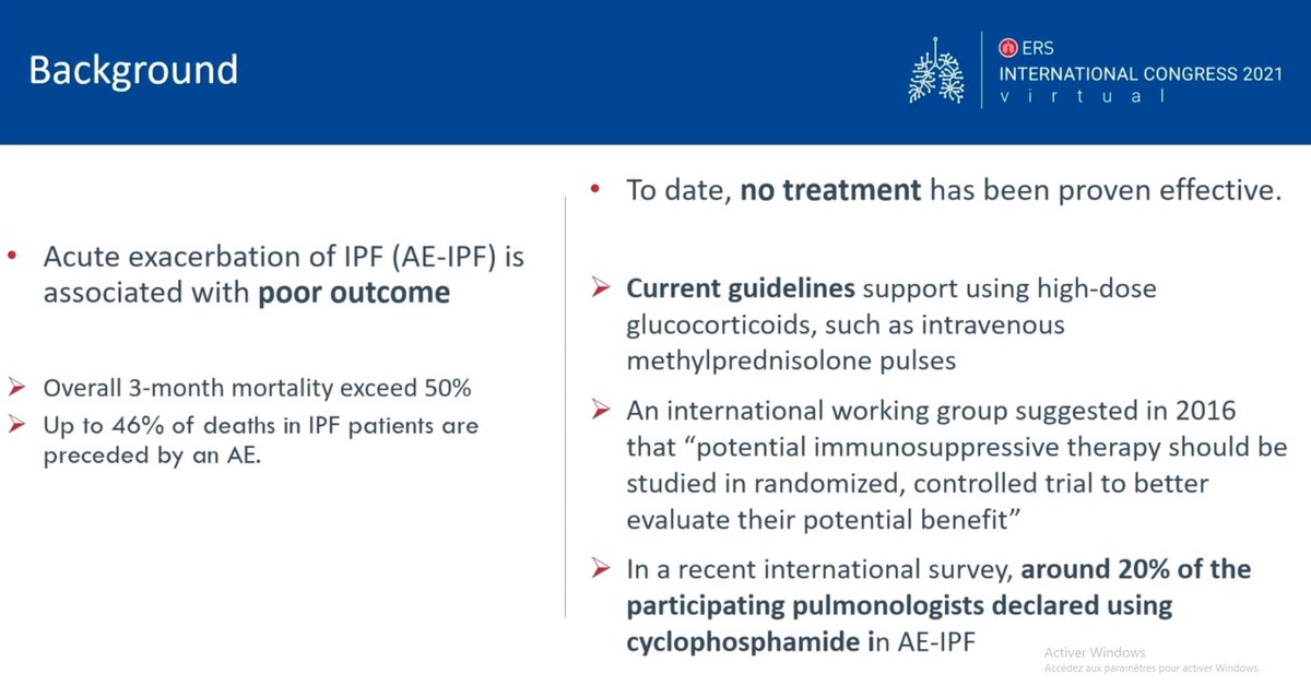 ThomasGILLE_MD's tweet photo. #EXAFIP study #ERSCongress: cyclophosphamide added to corticosteroids did not improve survival in patients with acute exacerbation of idiopathic pulmonary fibrosis.
Risk of death of AE-IPFs was increased by baseline severity of #IPF and decreased by baseline antifibrotic therapy. https://t.co/OU4JYXbafH