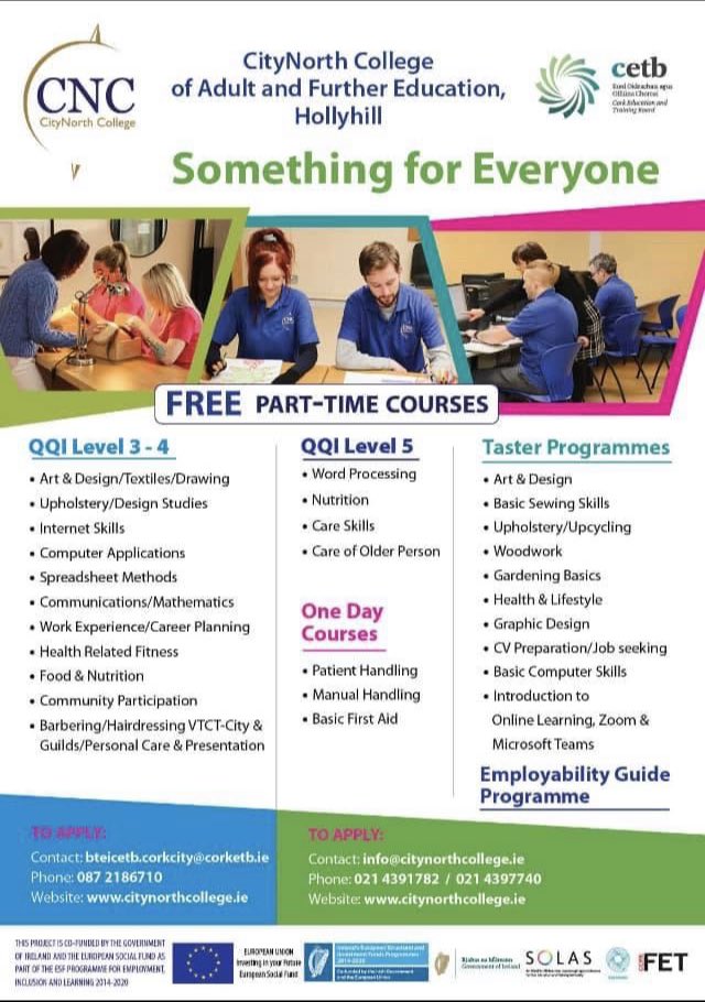 cnccork's tweet photo. Places available for all QQI Levels 3&amp;4; Limited places for QQI Level 5 Nutrition and Word Processing. A waiting list is operating for QQI Level 5 Care of the Older Person, Care Skills and One Day Courses. 
Bookings are still taken for Taster Courses. #ThisIsFET @ CorkETB. https://t.co/X0Bm1D6tXw