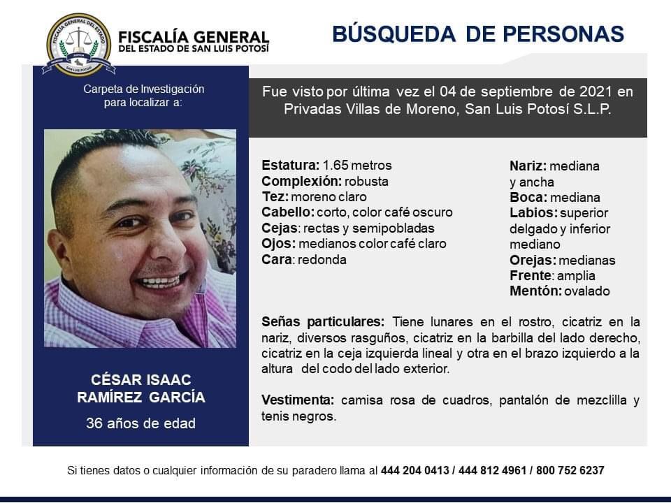 Planoinforma's tweet photo. Se busca Cesar Isaac Ramírez García. Fue visto por última vez el 4 de septiembre en Privadas Villas de Moreno, SLP. Si tienes cualquier información comunícate a los números de la imagen. 
https://t.co/CvS7ML0ze9
#ServicioALaComunidad #SLP https://t.co/mTVKrD2vHi