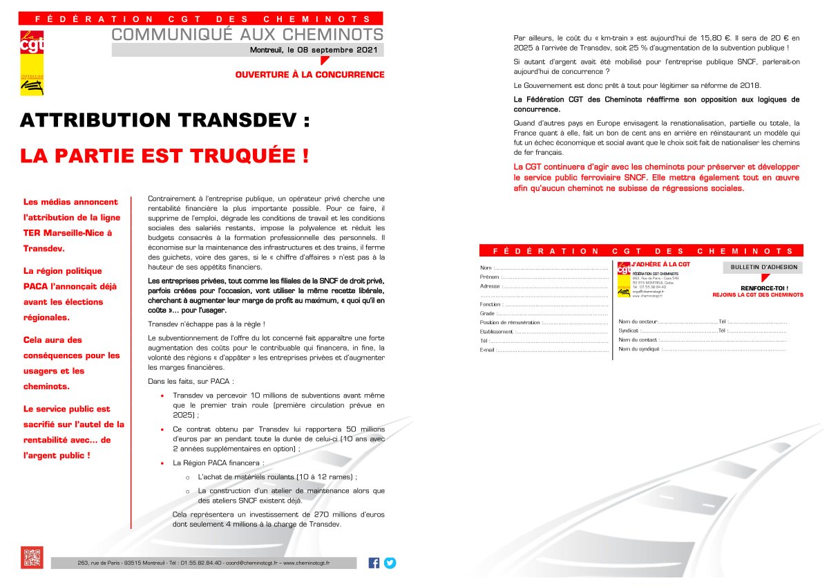 cgtcheminots's tweet photo. Attribution Transdev : La partie est truquée ! 
La région politique PACA l’annonçait déjà avant les élections régionales.
Le service public est sacrifié sur l’autel de la rentabilité … de l’argent public !… de l’argent public !
https://t.co/G689HgU5bQ https://t.co/tLGfD9WoWT