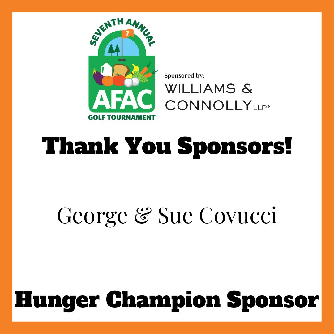 AFACfeeds's tweet photo. Thank you to George &amp; Sue Covucci for being our Hunger Champion Sponsors for our 7th Annual AFAC Golf Tournament, sponsored by Williams &amp; Connolly! #afacfeeds #afacgolf #HungerActionMonth #afacHAM https://t.co/e1ZZpf7lwC