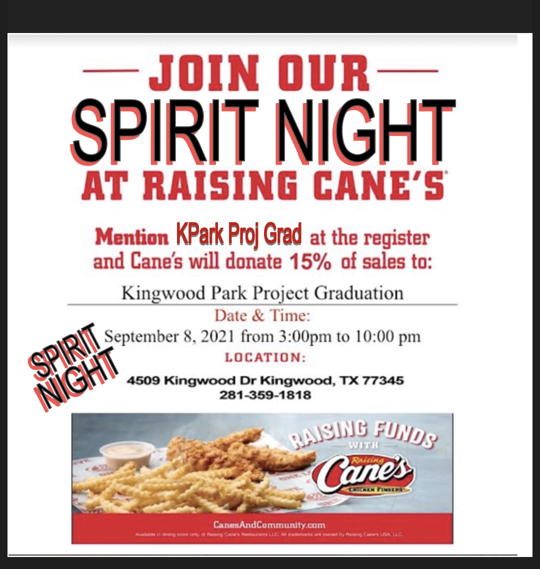Sprit Night TODAY <a href="/raisingcanes/">Raising Cane's</a>! See you there. 
🐔🎓🐔 #KPHS #ProjectGraduation #Classof2022