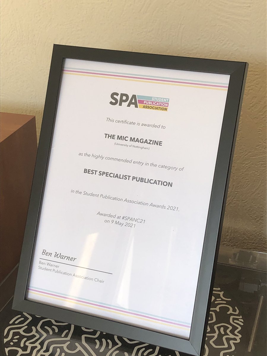 Would you look what just turned up - it’s our Best Specialist Publication certificate from @SPAJournalism! Everyone who worked so hard for this at @TheMicNotts is allowed to feel smug for the rest of the day