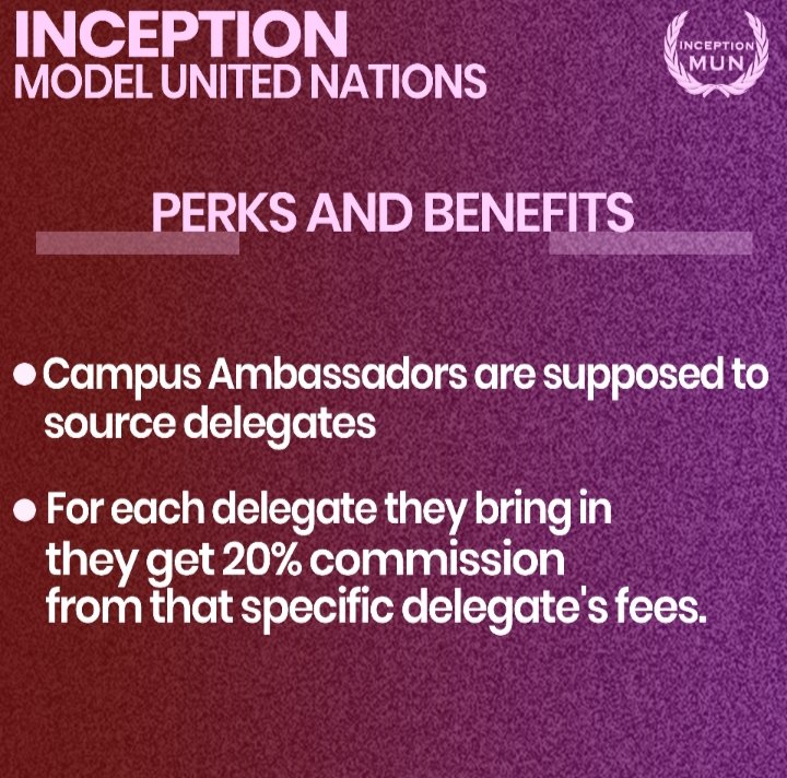 InceptionMun's tweet image. Inception Model United Nations is back with a grand opportunity for everyone out there! 

For those who are wishing to sign up, check the bio for link. 
Thank you.
#campusambassador #mun #campusambassadorprogram #modelunitednations 
#marketing #modelunitednationsconference