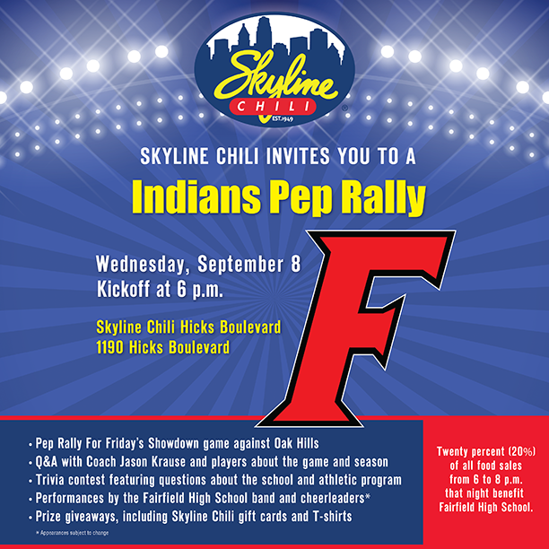fcsdathletics's tweet photo. Excited for tonight's Pep Rally at @Skyline_Chili (1190 Hicks Blvd.)

Be sure to follow @xtownshowdown for interviews, videos, and updates leading up to Friday's Showdown Game!
#FairfieldPride #OneTribe https://t.co/uB5wRVtUCq