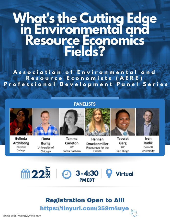 Join the AERE Grad Student Engagement Committee for "What's the Cutting Edge in Environmental &amp; Resource Economics Fields?" Panelists will discuss what is new &amp; next in their fields, w/ time for Q&amp;A.

Open to all, regardless of AERE membership!

Register: tinyurl.com/359m4uye