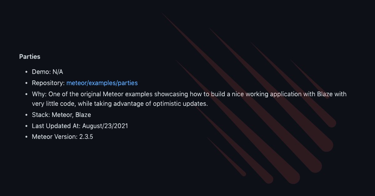 meteorjs's tweet image. Want to see a Meteor example in action?⁣⁣
⁣⁣
This example shows how to build an app with Blaze using very little code while taking advantage of optimistic updates.
⁣⁣
Click the link to view the repo: github.com/meteor/example… 
⁣⁣
#meteorjs #javascript #blazejs