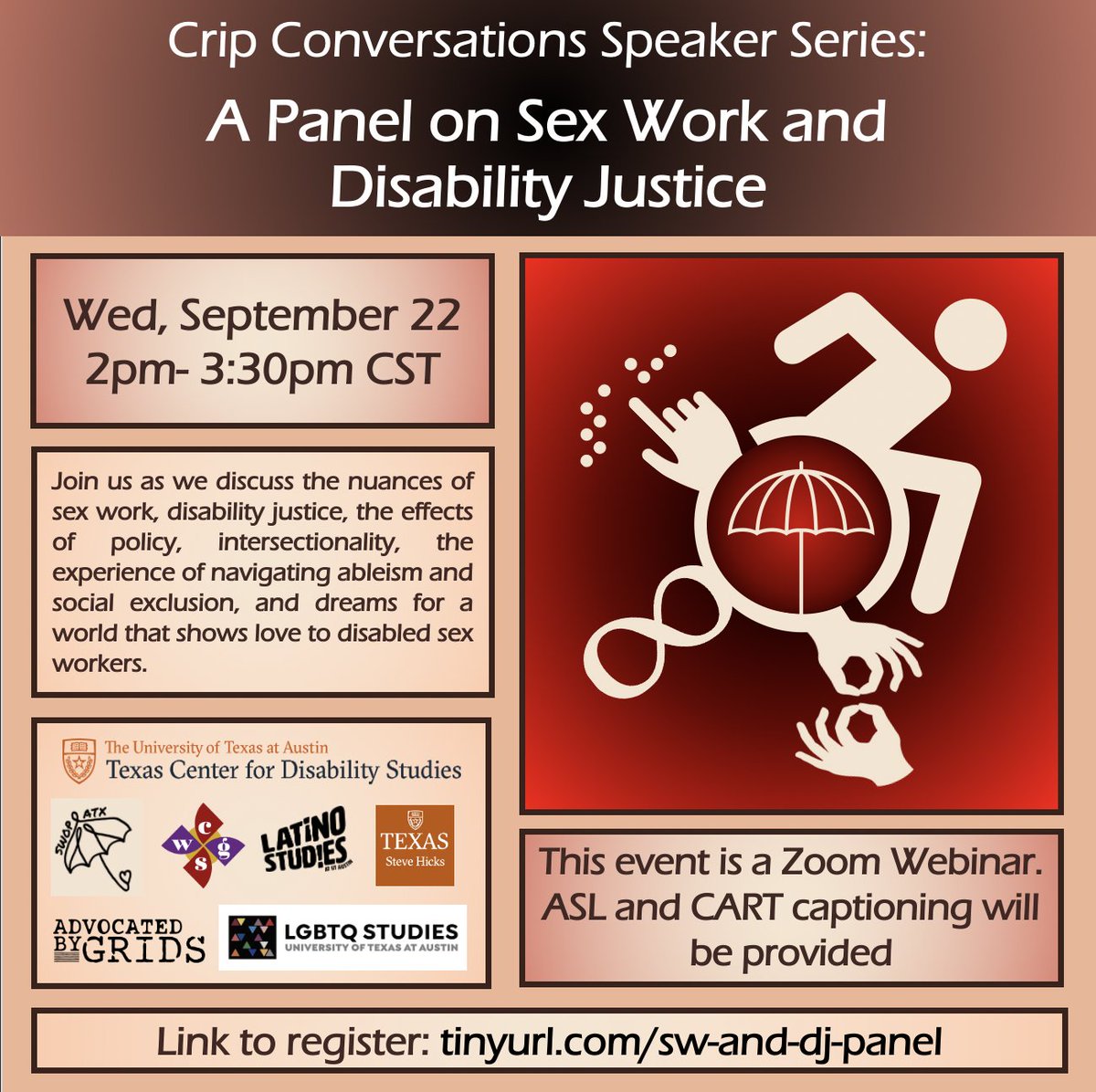 Get your calendars ready, Critical Disability Studies is excited to share the first Crip Conversations of the school year on Sept. 22! utexas.zoom.us/webinar/regist…