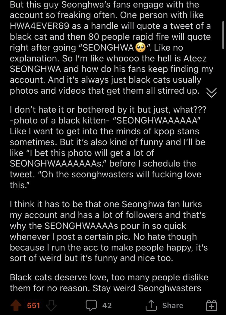 atzonreddit's tweet photo. “I run a cat pics account, I was forced to learn who Seonghwa is.”

‘…Oh the seonghwasters will fucking love this’

 #에이티즈 @ATEEZofficial #ATEEZ https://t.co/xraqxLVu3R