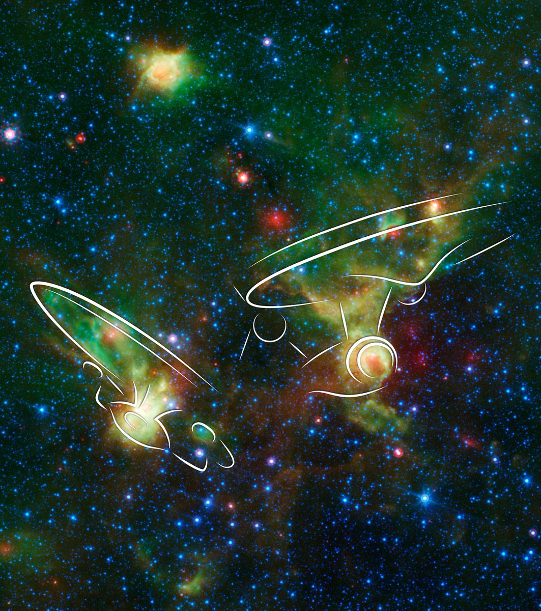 Happy #StarTrekDay! 🖖 55 years ago today the 1st @StarTrek episode boldly aired. It might be just our wishful thinking, but this 2016 image from NASA's Spitzer Space Telescope sure looks like the U.S.S. Enterprises, 1701 and 1701-D, to us. go.nasa.gov/3hebChv