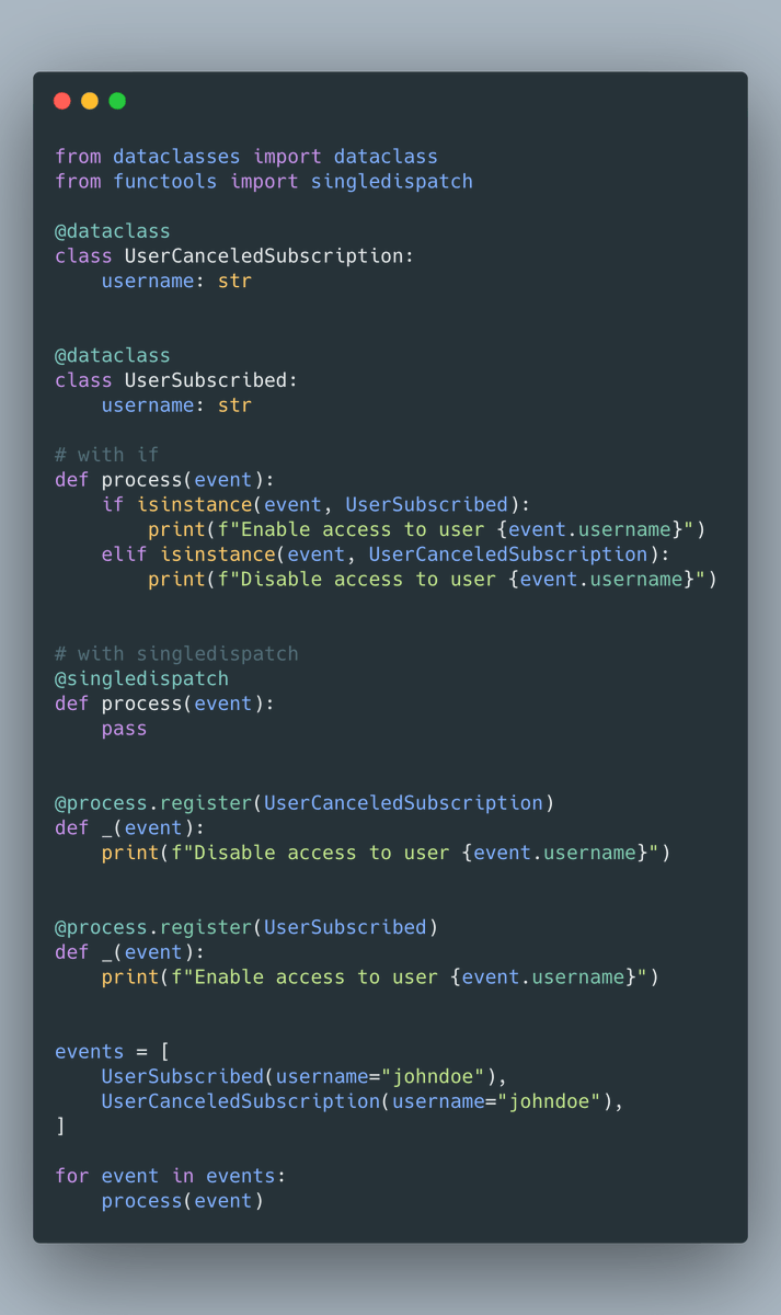 testdrivenio's tweet photo. Python Clean Code Tip:

Use singledispatch/singledispatchmethod to register different handlers based on input data type instead of IF statements with isinstance checks

Hint: Useful for use cases such as reacting to different event types

👇 https://t.co/xhz2ng0GRH