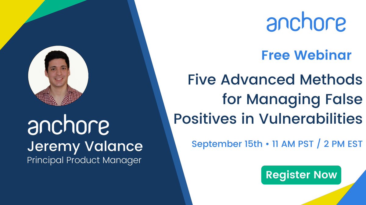 anchore's tweet photo. False positives in a security scan can be a costly headache for both #DevOps and #security teams. Join us to learn advanced methods to manage them. https://t.co/v4NMv7C70A #software #DevSecOps https://t.co/GqmRcICB07