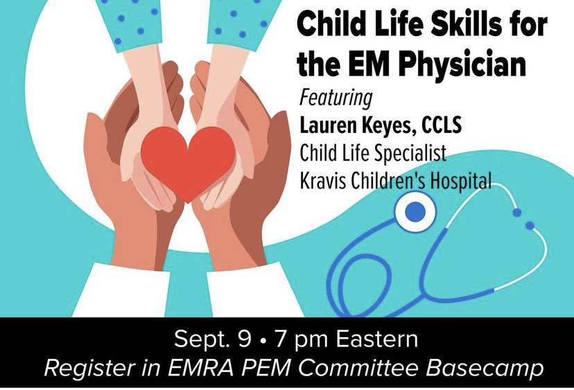Join the #EMRApeds committee tomorrow at 7pm EST to hear Lauren Keyes, child life specialist discuss child life skills for the EM provider! Register through our basecamp <a href="/emresidents/">emresidents</a>
