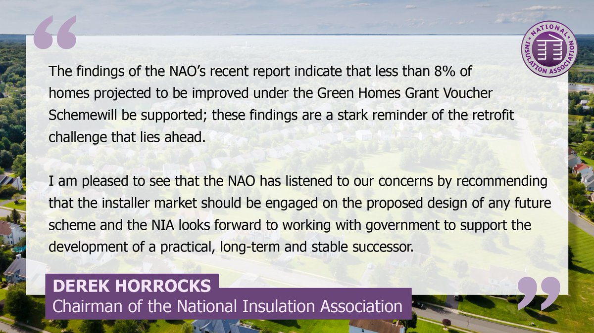 The @NAOorguk published its report on the #GreenHomesGrant today, complete with recommendations for future schemes.
NIA Chair Derek Horrocks was approached by the NAO to share his insights on the scheme earlier this year and was pleased to see these reflected in the report today.