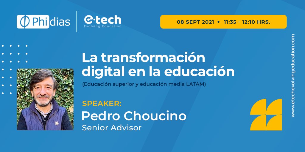 PhidiasSoftware's tweet photo. Invitamos a todos a que nos acompañen el día de hoy al encuentro con nuestro Senior Advisor Pedro Chouciño quien nos hablará acerca de la transformación digital en la educación. Podrán ser partícipes registrándose a través del siguiente link: https://t.co/QRsjys0gey https://t.co/M30hrgCTa1
