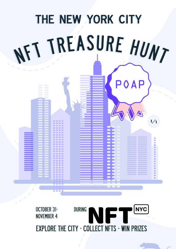 ANNOUNCING - The NFT Treasure Hunt!!🏴‍☠️Happening in NYC Oct. 31-Nov. 4 during #NFTNYC2021. Explore NYC 🗽 &amp; collect #POAPs branded by your favorite degens! 
More updates soon! Thanks <a href="/NFT_NYC/">NFT.NYC</a> for being supportive. DM project lead @blr13 if you have questions/suggestions.