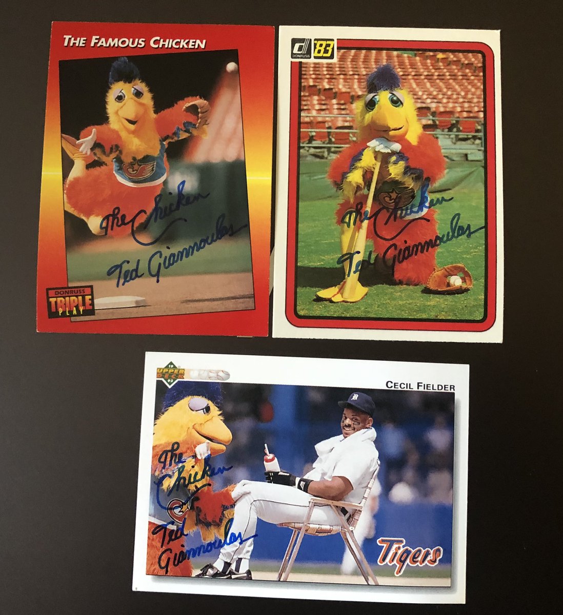 mjs80377's tweet photo. Thanks to the famous chicken for signing my cards #FamousChicken #TriplePlay #Donruss #UpperDeck #Autograph #Hobby #Collect #TTM #TTMSuccess #BaseballBunch https://t.co/IEiqTddjuL