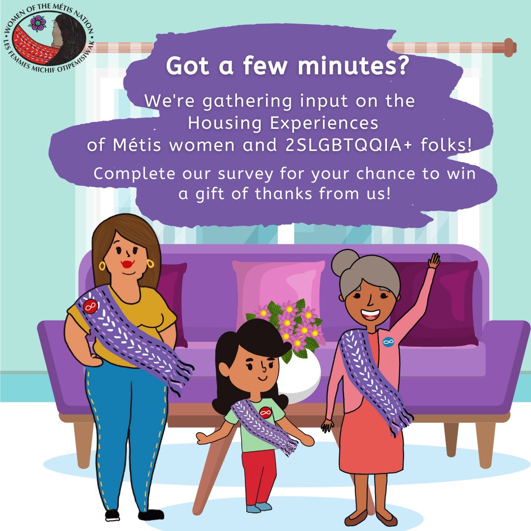 Got a minute? We just launched our survey (bit.ly/2VqtldP) to better understand the housing experiences of Métis women &amp; 2SLGBTQQIA+ folks &amp; we want to hear from you.

Answers are anonymous. All emails will be submitted to a draw for a prize as thanks. Maarsii!
