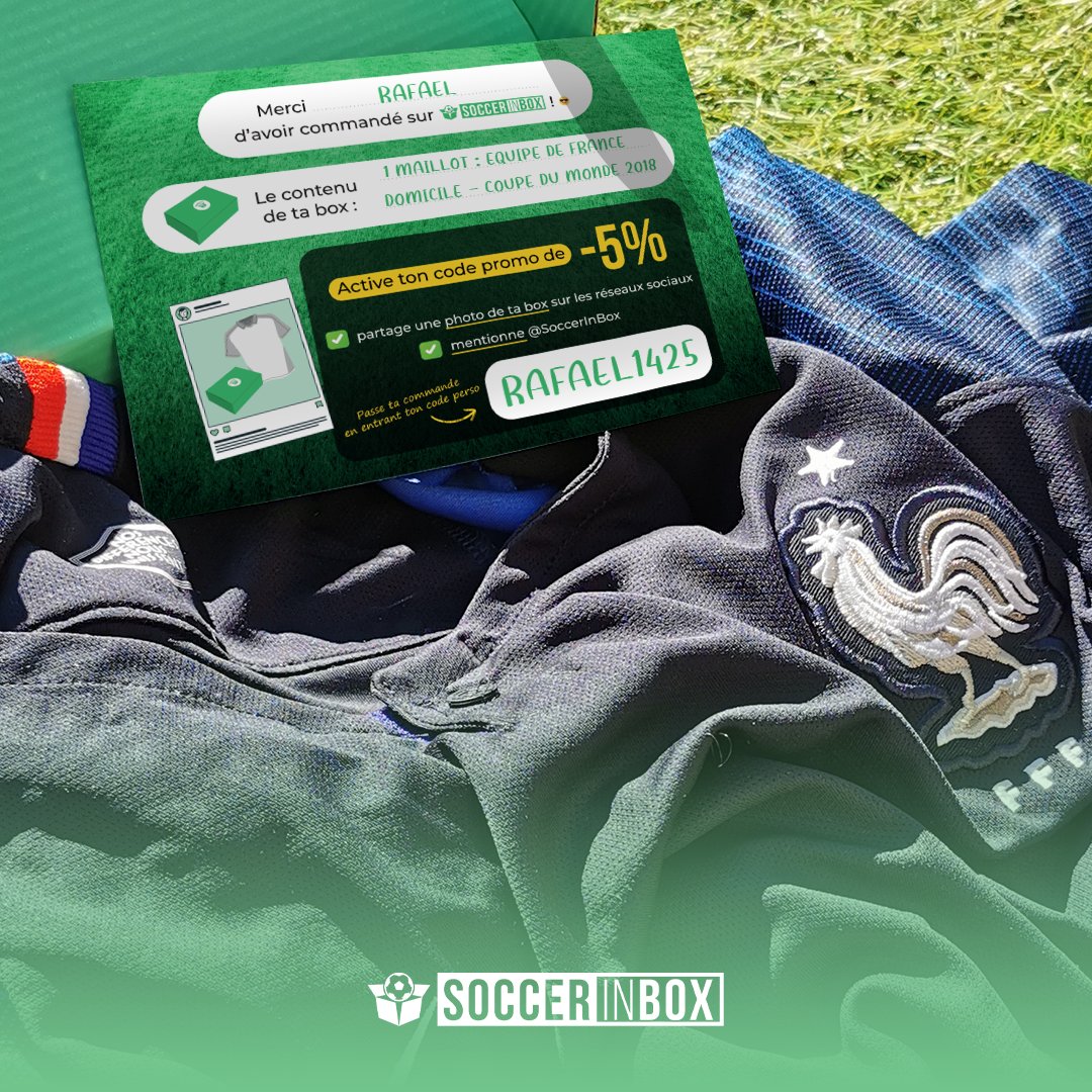 SoccerInBox's tweet image. 🎁 Vous l’aviez oublié ? Dans chaque box 𝗦𝗼𝗰𝗰𝗲𝗿 𝗜𝗻 𝗕𝗼𝘅 se trouve un bon de -5% sur votre prochaine commande. 

𝐂𝐨𝐦𝐦𝐞𝐧𝐭 𝐟𝐚𝐢𝐫𝐞 𝐩𝐨𝐮𝐫 𝐥’𝐚𝐜𝐭𝐢𝐯𝐞𝐫 ?

• Partage une photo de ta box sur les réseaux sociaux
• Mentionne @SoccerInBox 

Et c’est parti ! ✅