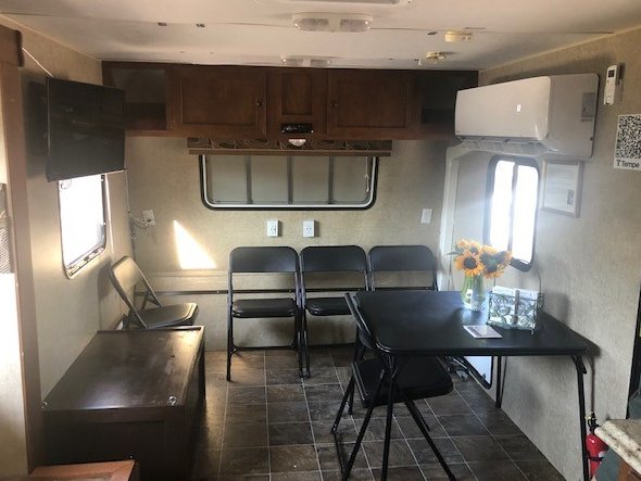 So excited to reveal Jenny's Trailer to the community. The trailer provides free water, air conditioning, WiFi, and resources. Big thanks to Sun Valley Solar Solutions for the solar panels, and to Image Craft for the fun and inviting exterior.
