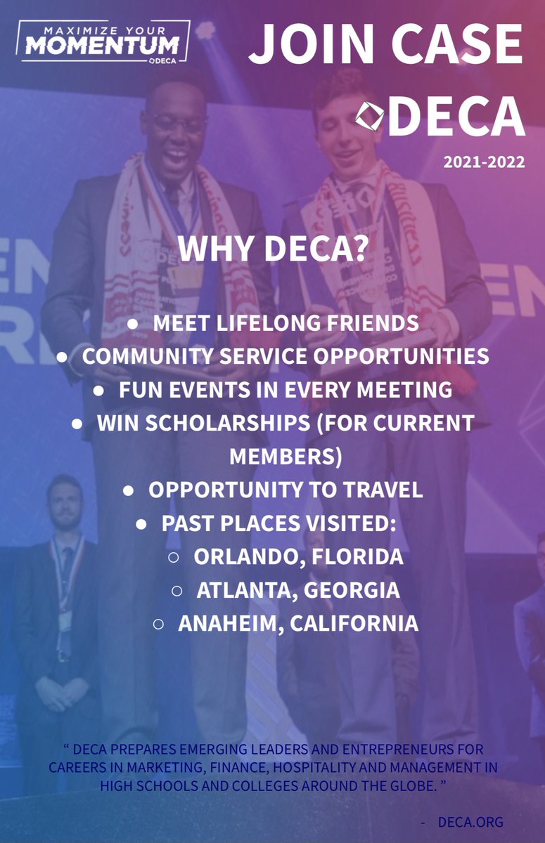 Join us for Case DECA’s first meeting today! 9/8 from 3-4pm in room 205!