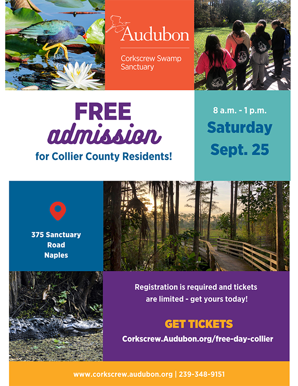 CorkscrewSwamp's tweet photo. Hey Collier residents! You're invited for FREE admission to the Sanctuary on Sat. 9/25! To avoid crowding, advance tickets are required - get yours today! https://t.co/D4CCItec29
#Naplesfl #MarcoIsland #goldengateestates #Immokalee https://t.co/JEy6PDAKIu