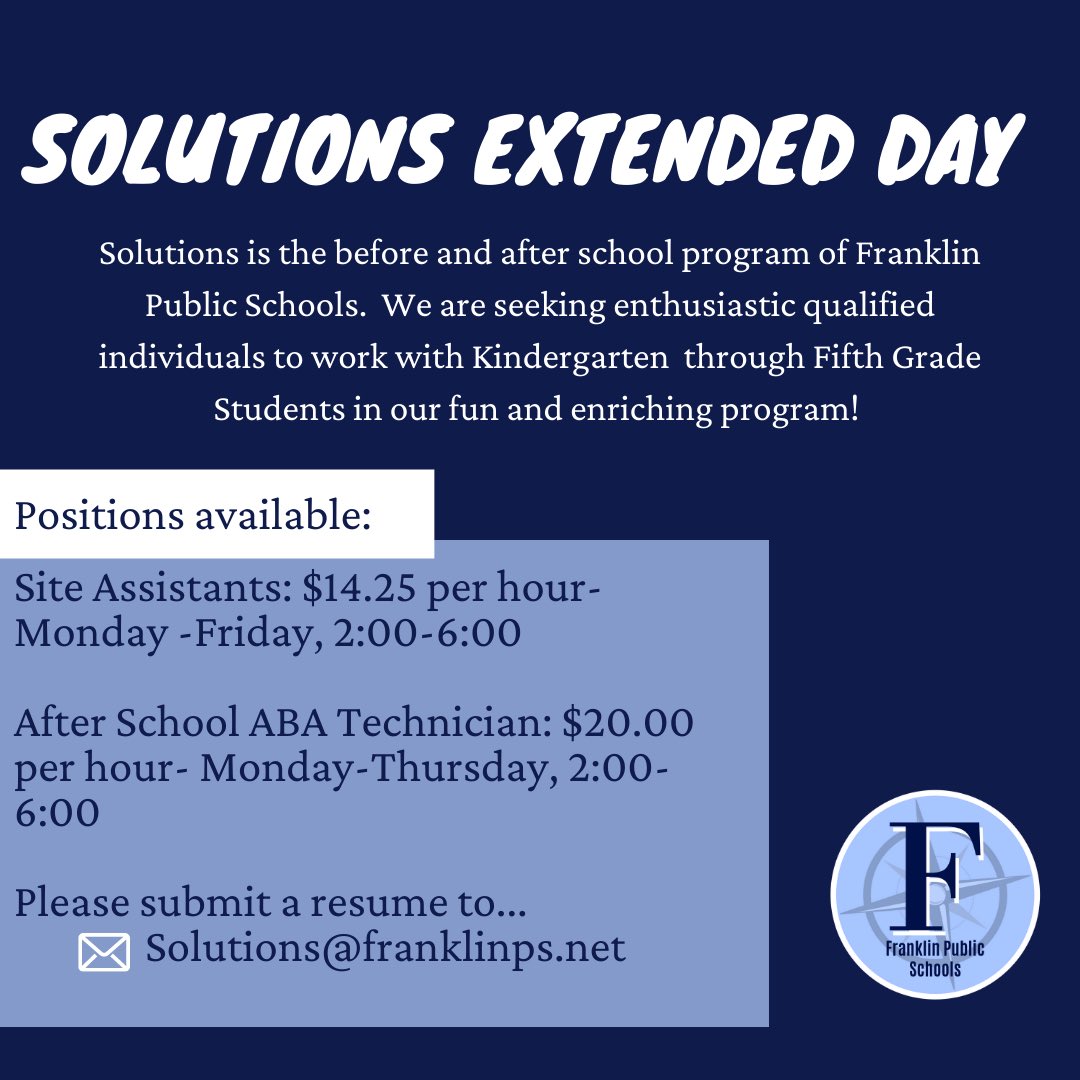 Franklin Public Schools, MA: Jobs open for Solutions Extended Day Program