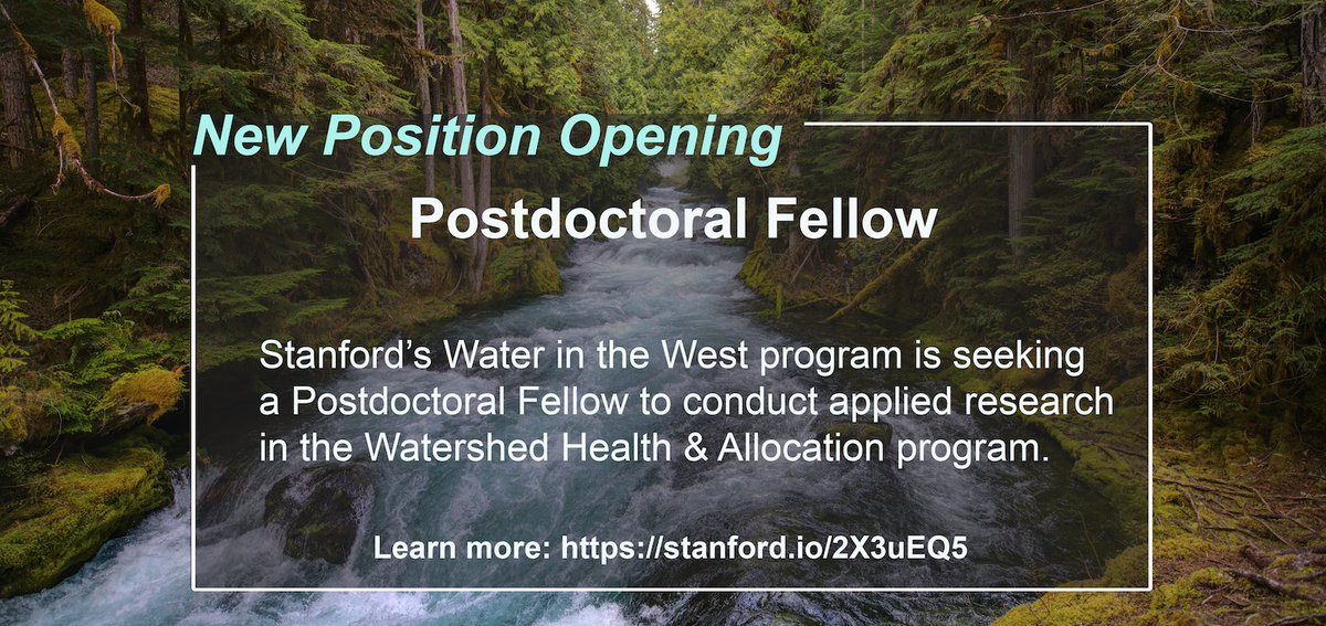 Water in the West is hiring a postdoctoral fellow focused on evaluating how to improve ecological outcomes from environmental water rights transactions in the Upper Colorado River basin. 
Applications are due Oct 1. 
Learn more:  stanford.io/2X3uEQ5