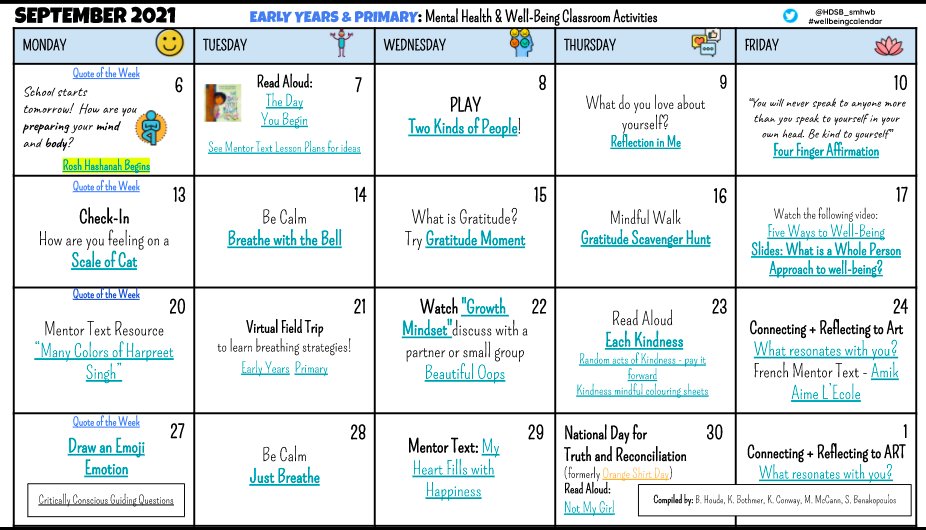 Supporting mental health and well-being involves making connections, building relationships, and creating time for calm and fun! HDSB Educators - check out the September well-being calendars on MyHDSB! Activities included from <a href="/SMHO_SMSO/">School Mental Health Ontario</a> and <a href="/HDSB_TheShift/">HDSB The Shift</a> resources!