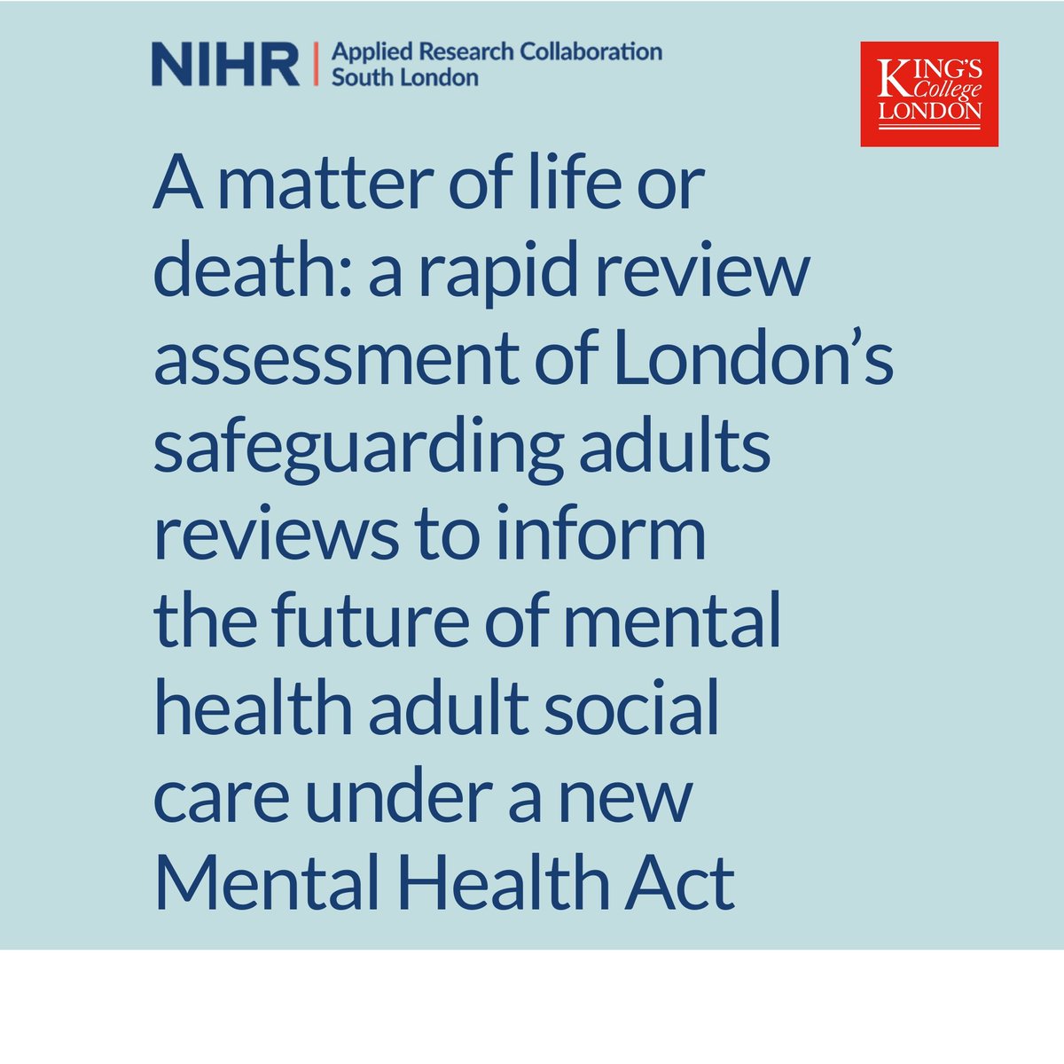 New from @CarolineEdAG and colleagues - a rapid review of Safeguarding Adults Reviews involving mental health social care in London.
Published by <a href="/ARC_S_L/">NIHR ARC South London</a> and this Unit.
Caroline introduces the report on our blog: blogs.kcl.ac.uk/socialcarework…