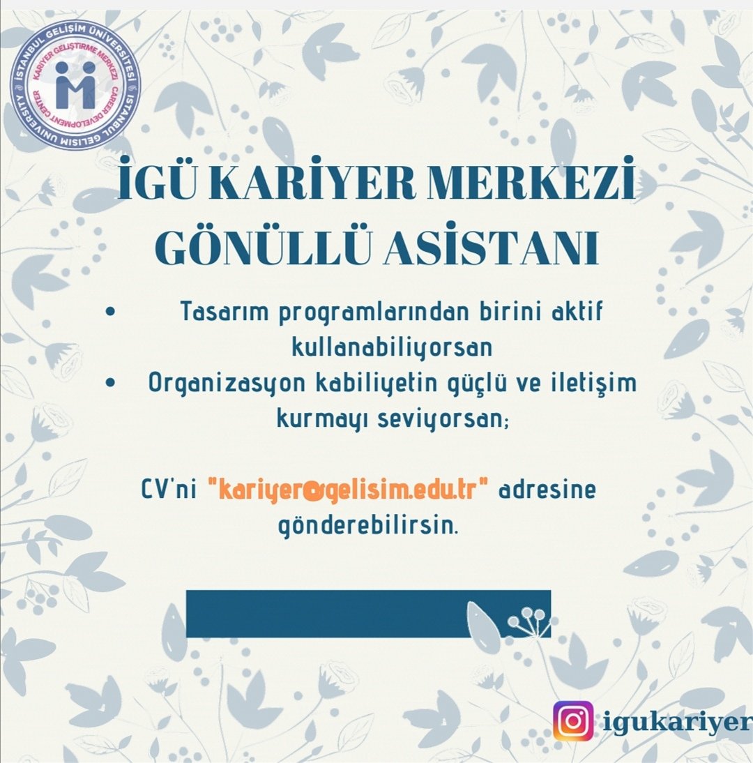 Değerli İGÜ'lü!!!
Yüzlerce network, onlarca proje ve çok daha fazlası.. Kariyer Ofisinde gönüllü olarak aktif rol alıp kendini zenginleştirmeye ne dersin?
Başvuru için CV’ni kariyer@gelisim.edu.tr adresine bekliyoruz.
#kariyer #igukariyer