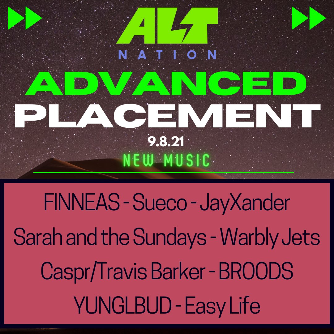 today's Advanced Placement lineup feat. new music from @finneas @suecothechild @WARBLYJETS @Sarahthesundays @itsjayxander @broodsmusic @Iamcaspr @travisbarker @yungblud @easylife at 7pE