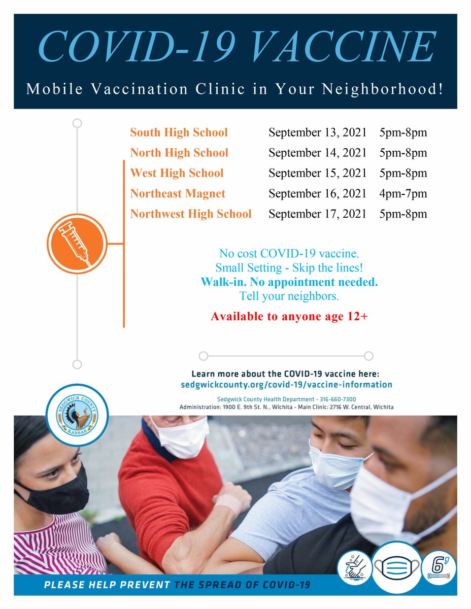 We're partnering with the Sedgwick County Health Department to host free COVID vaccination clinics at our high schools for WPS staff, students and the community. The next clinic will be held at Northwest High School from 5-8 p.m. tonight. <a href="/Wichita_NW/">Wichita Northwest HS</a>