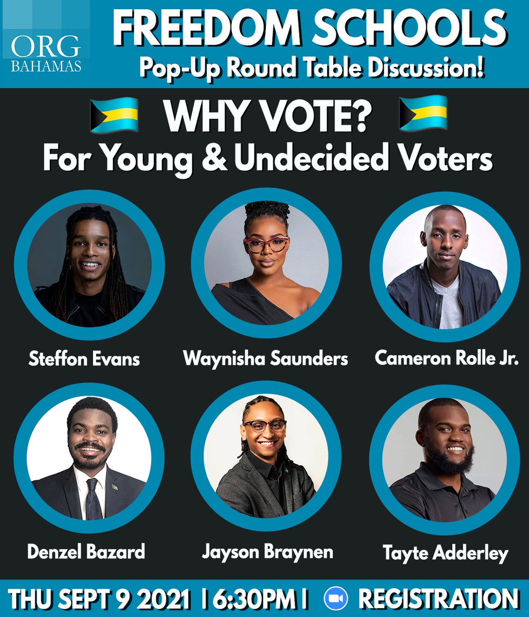 Join us Thursday Sept 9th at 6pm for a Freedom Schools Pop-Up Discussion 'Why Vote'. Sign up to join us at buff.ly/3BVnNr8! Also feel free to let us know some of your concerns about your prospects around voting in the comments! #ORGBahamas #FreedomSchools