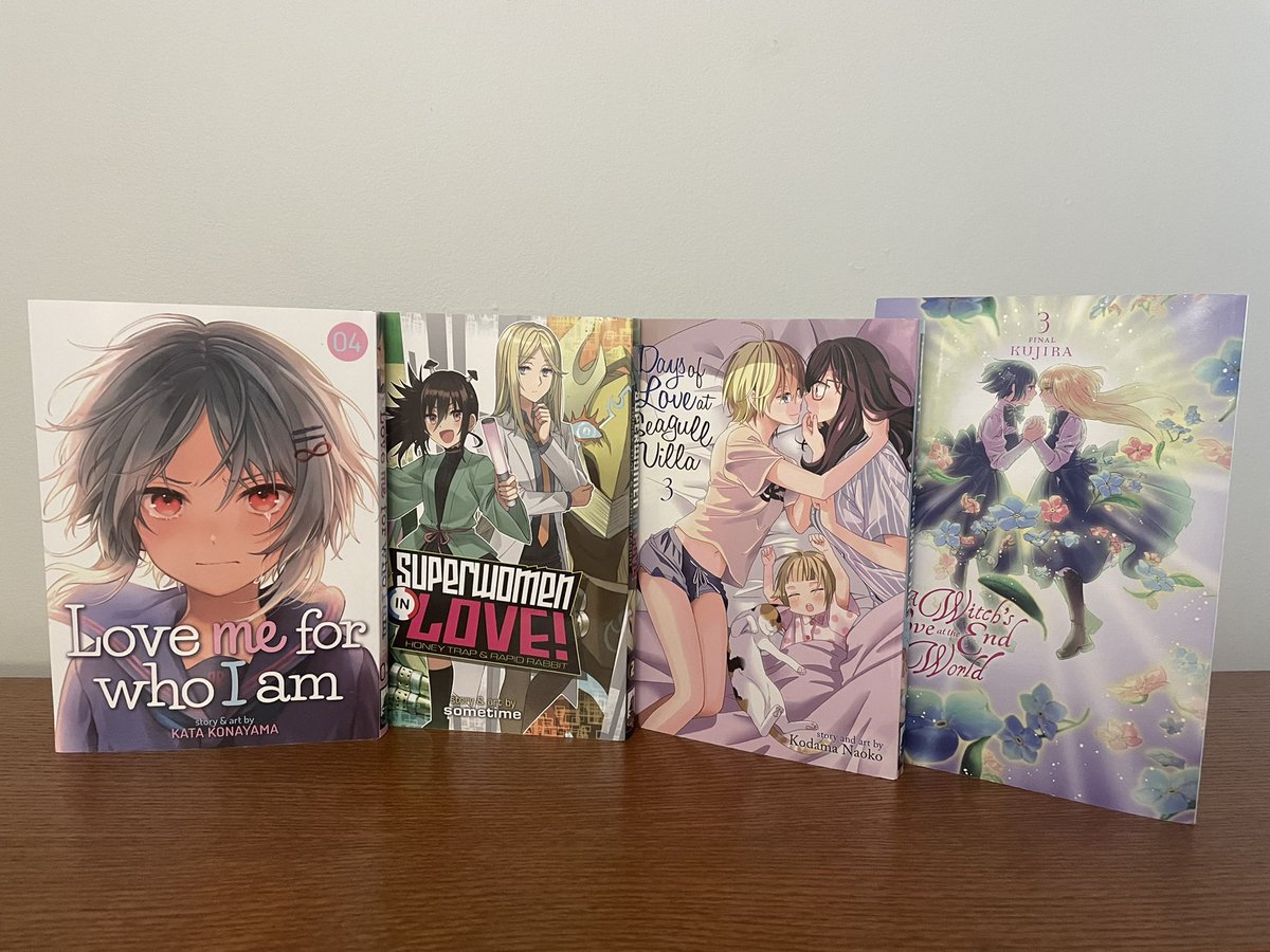 ShoujoCent's tweet image. New manga haul FINALLY arrived! 🥳
 
This time we got Love Me For Who I Am Vol 4, Superwomen In Love Vol 2, and the final 3rd volumes of Days Of Love At Seagull Villa and A Witch’s Love At The End Of The World
 
Thank you so much @gomanga and @yenpress! 😊❤️
#yuri #yurimanga