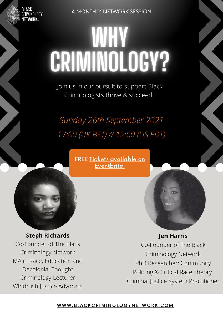 The Black Criminology Network CIC™️ (@thebcnetwrk) on Twitter photo WE'RE BACK!🥳
Join our founders <a href="/Stephan55651842/">Stephanie Richards</a> & <a href="/Criminolojen/">Jen | The Plantain Authority (intermittently here)</a> talking all things #Criminology, offering tips & giving Criminologists of Black heritage the space to share work.
FREE tickets via Eventbrite> bit.ly/3BWiWX0 WE'RE BACK!🥳
Join our founders <a href="/Stephan55651842/">Stephanie Richards</a> & <a href="/Criminolojen/">Jen | The Plantain Authority (intermittently here)</a> talking all things #Criminology, offering tips & giving Criminologists of Black heritage the space to share work.
FREE tickets via Eventbrite> bit.ly/3BWiWX0