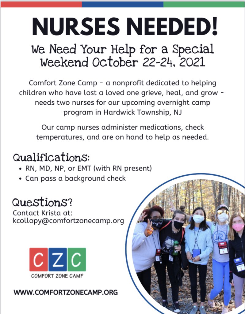 Any nurses available for a weekend in October? Can’t have a camp without our nurses who keep us safe! Comfort Zone Camp is a free bereavement camp in NJ!  #grievehealgrow #nurse