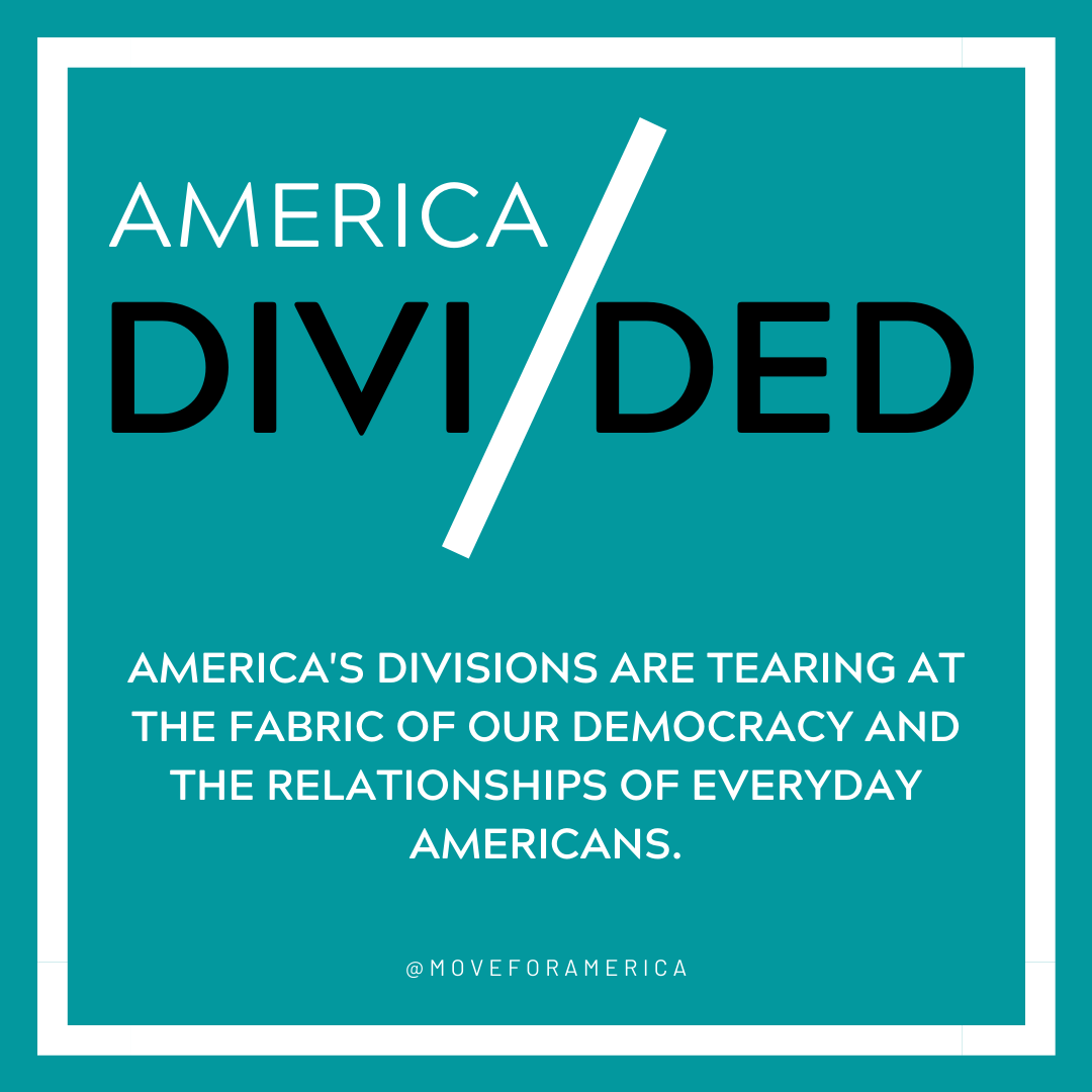 Move4America's tweet photo. America is reaching a critical tipping point. Move for America aims to create a more compassionate democracy by catalyzing young people to become leaders in depolarizing our society. Visit our website to learn how YOU can become a part of our mission. https://t.co/Xw21iGTPHG