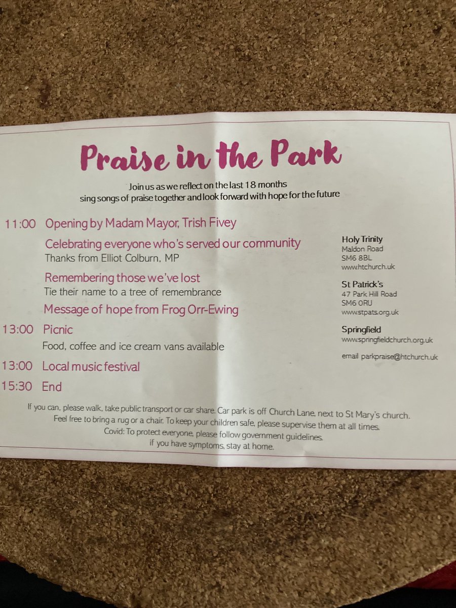 Praise in the park, Beddington Park behind Wallington Grammar school from 11am on Sunday. All welcome!