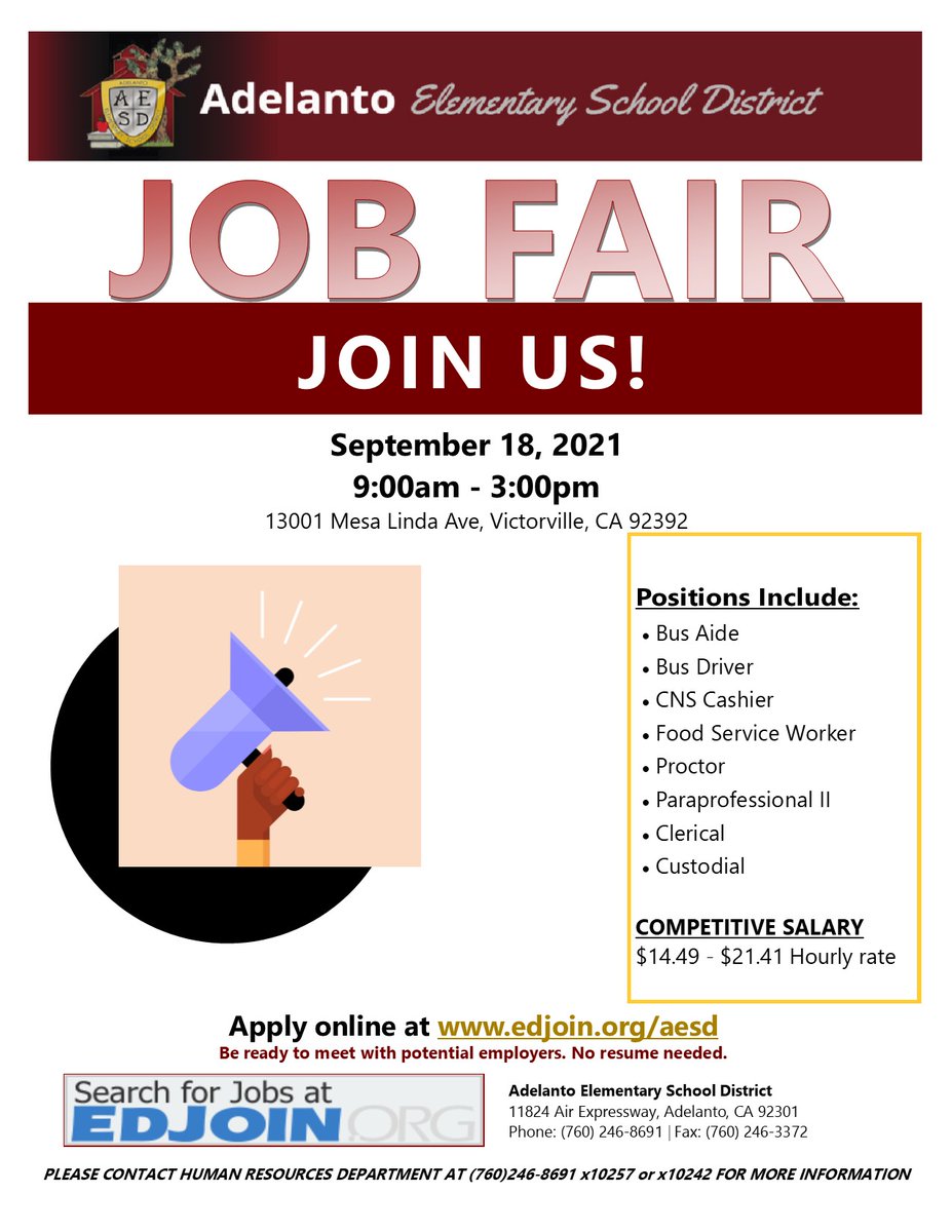 AESD is hosting a Job Fair on Sept. 18 from 9am-3pm at @MLMSBulldogs . Looking to fill multiple positions at 3 middle schools, 2 K-8 campuses, &amp; 9 elementary schools. We offer transitional kindergarten, magnet school programs, dual-immersion, STEM instruction, athletics and more!