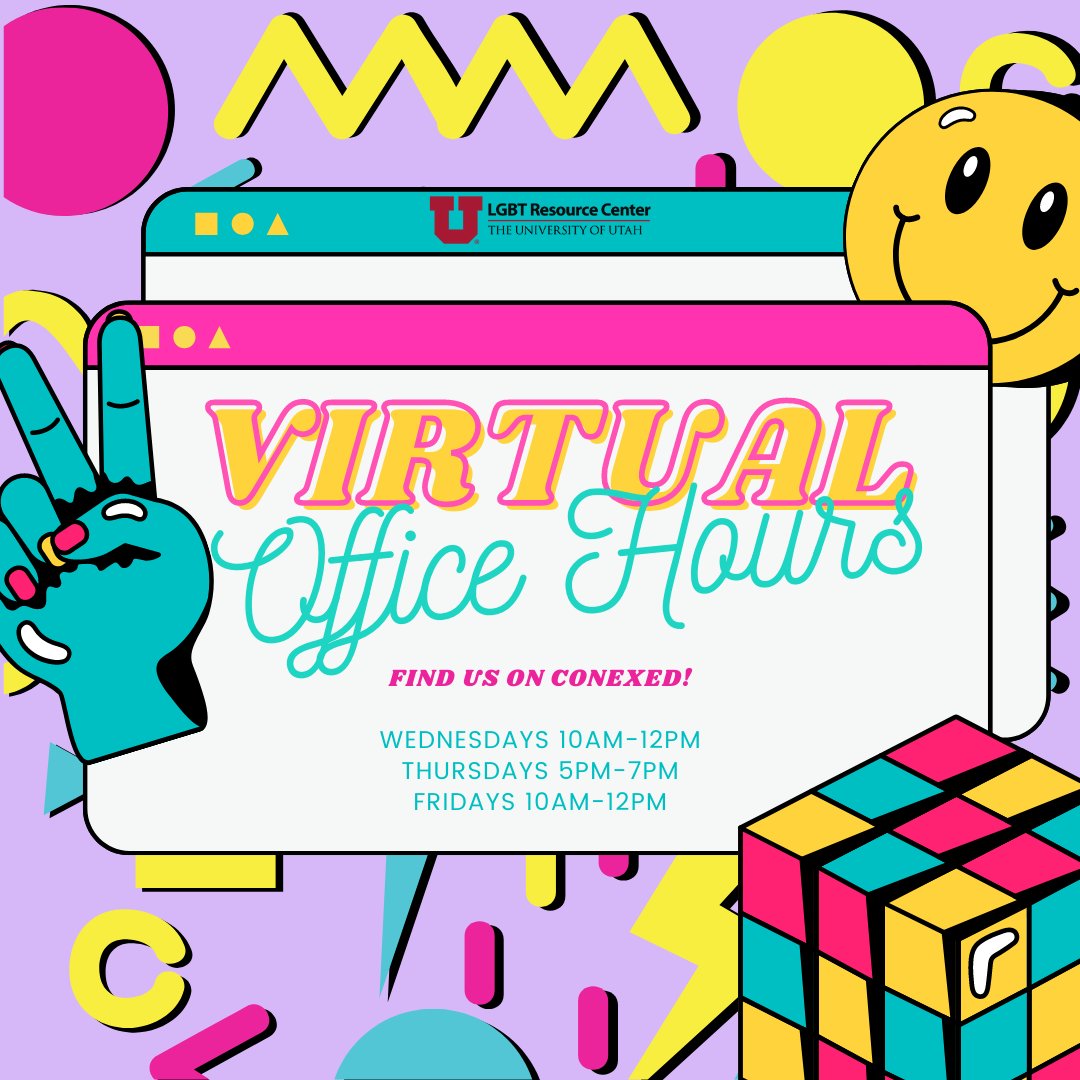 UofULGBTRC's tweet photo. Not on campus? Can't make it to the LGBT RC? You can still connect with our staff for 1:1 support and resources during our virtual office hours ever Wednesday, Thursday, and Friday. Check out the link in our bio for the hours and how to find us on the ConexEd platform. https://t.co/bOZNA4nKcP