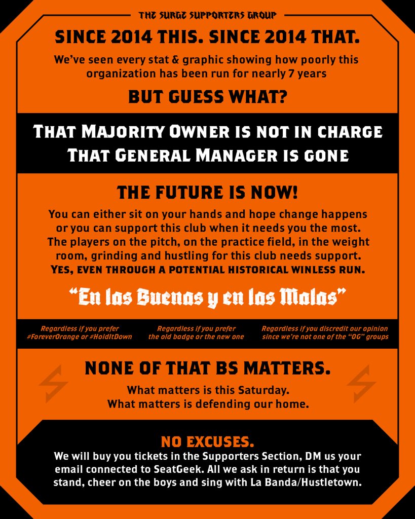 TheSurgeSG's tweet photo. This is our home. Defend it!

You need tix for this Saturday? DM us and we will buy them for you. Come ready to cheer and support Houston. Wave flags, chant with all of @HustleTownSupp! No excuses. 

#HoldItDown #DejaloTodo @HoustonDynamo @TheStrikerTexas https://t.co/oV9lxYpnKz