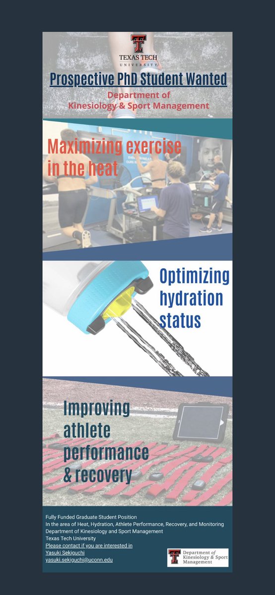 Yasuki Sekiguchi (@yasukisekiguchi) on Twitter photo Funded PhD Position Available in the area of heat, hydration, athlete performance, recovery, and monitoring working at Sports Performance Lab, Texas Tech University. If you are interested in, please contact Yasuki Sekiguchi, yasuki.sekiguchi@ttu.edu Please Share :) Funded PhD Position Available in the area of heat, hydration, athlete performance, recovery, and monitoring working at Sports Performance Lab, Texas Tech University. If you are interested in, please contact Yasuki Sekiguchi, yasuki.sekiguchi@ttu.edu Please Share :)