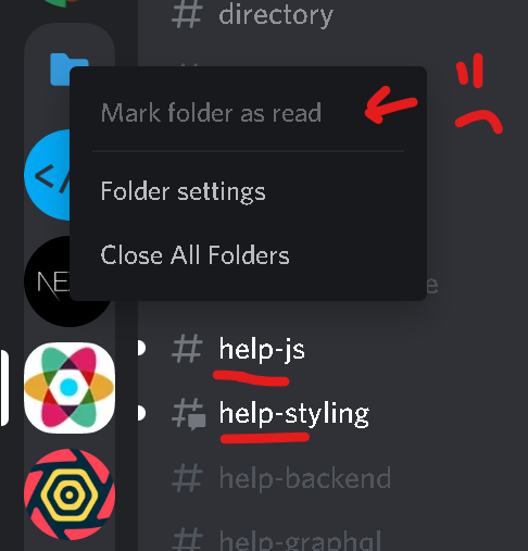 svish's tweet photo. @discord Very annoying that you can't do "Mark as read" on folders, when there are several unread channels  in the folder. Just because I've muted the servers, doesn't mean it's not helpful to mark them all as read. 😥 https://t.co/ZbhGYB2fu4