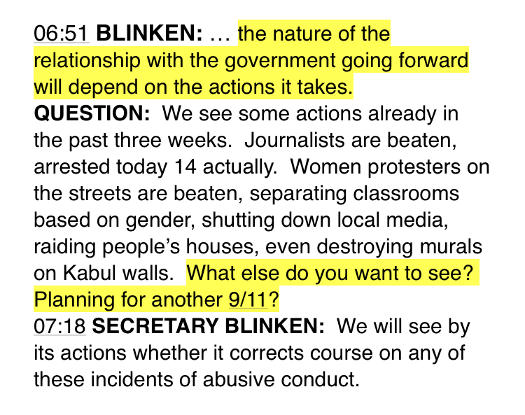 But @SecBlinken faced tough Q’s by @TOLOnews for tying any US recognition of Taliban to its future actions. Pointing to protestors being beaten, jouros arrested, & classrooms separated by gender, @LNajafizada asked, 'What else do you want to see? Planning for another 9/11?”