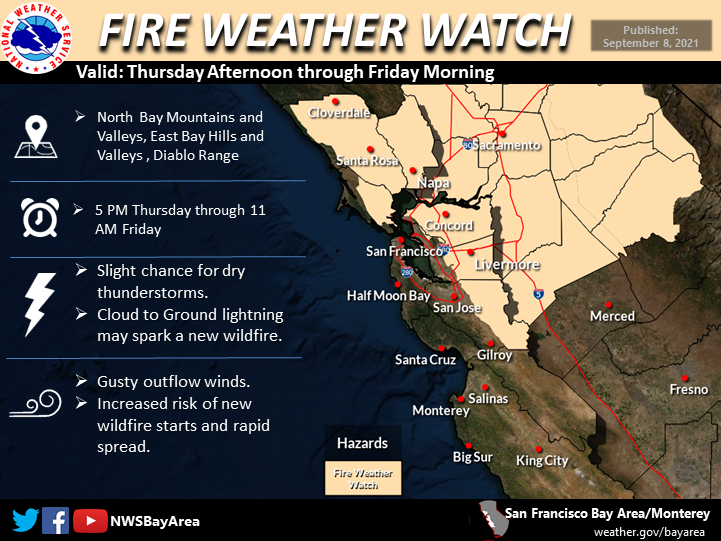 A fire weather watch has been issued for 5pm Thursday, September 9th through 11am Friday, September 10th for the North Bay Mountains and Valleys, East Bay Hills, and Diablo Range. Follow along for more updates and stay #WeatherAware. #NWSBayArea #CAwx #Firewx #BayArea