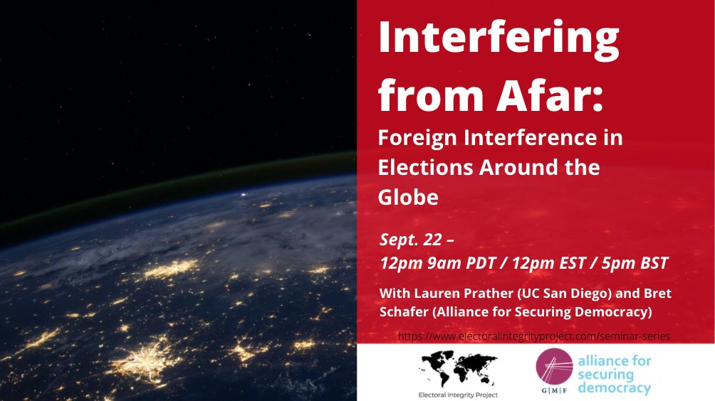 We're starting up our #EIPSeminarSeries this year on Sept 22 with a discussion on the impact of foreign interference on trust in elections with <a href="/laurenrprather/">Lauren Prather ☮️</a> and Bret Schafer from <a href="/SecureDemocracy/">Alliance for Securing Democracy</a>

Register here: docs.google.com/forms/d/e/1FAI…
