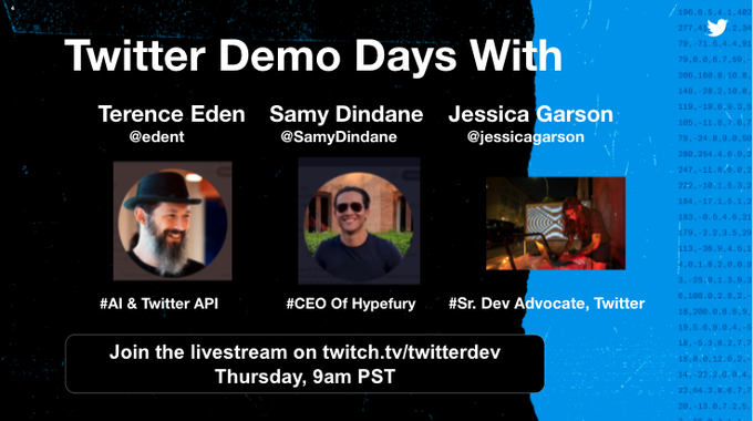 #ArtificialIntelligence &amp; #TwitterAPI ???  Join @jessicagarson, @edent &amp; @hypefury as they walk us through<a href="/tag/artificialintelligence"class="tags">#ArtificialIntelligence</a><a href="/tag/twitterapi"class="tags">#TwitterAPI</a><a href="/tag/python"class="tags"><span>#python</span></a><a href="/tag/twitter"class="tags"><span>#twitter</span></a><a href="/tag/demodays"class="tags"><span>#demodays</span></a>